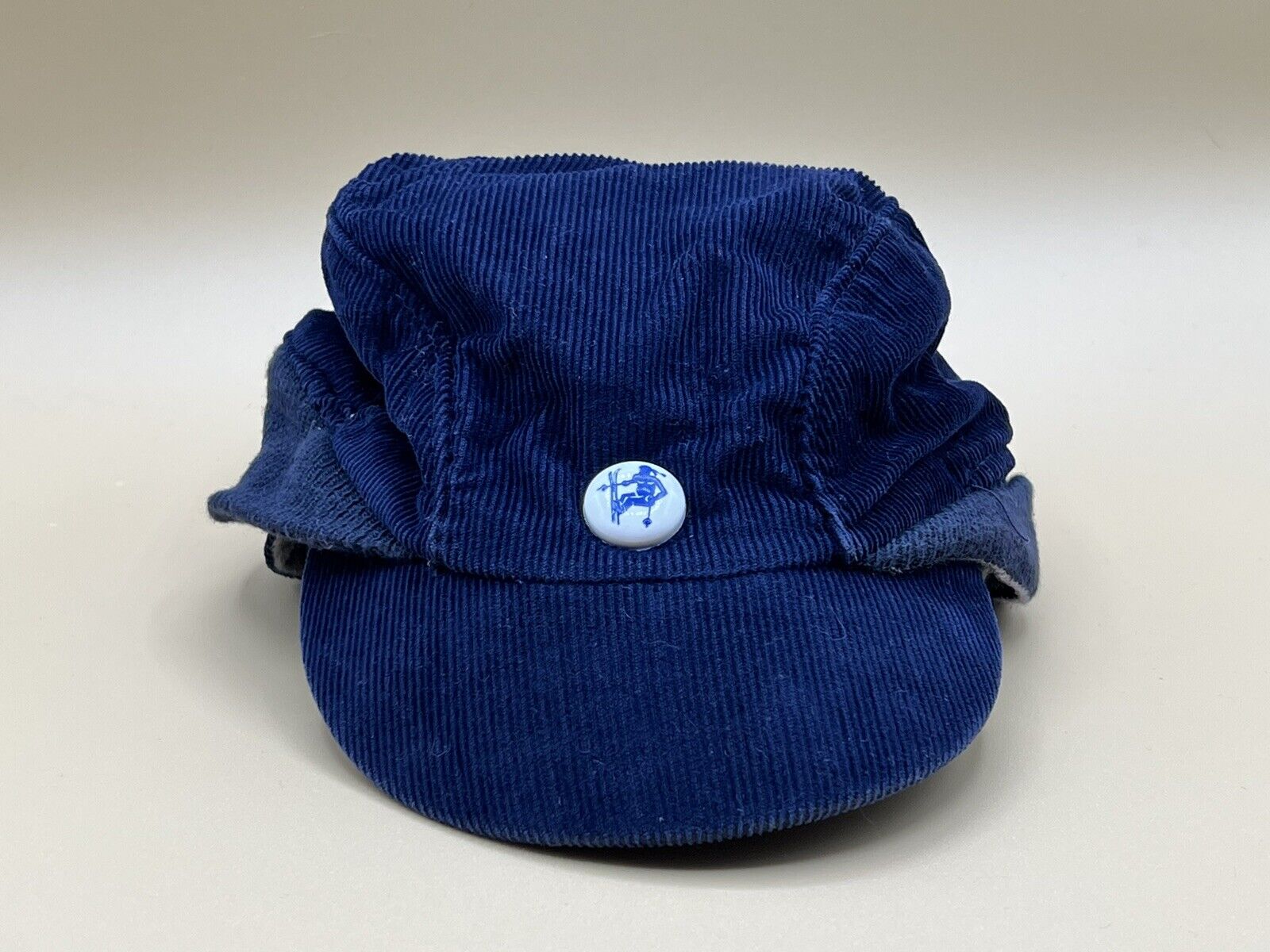 Vintage Baby Toddler Corduroy Hat Cap Adjustable Blue Ski Skier Snap