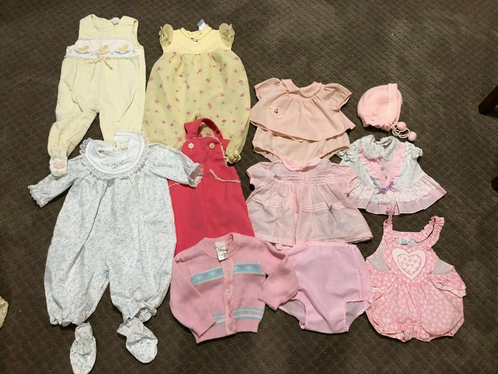 Lots Of 12 Vintage Baby Girls Clothes Sizes From 0-3 Mo. To 9 Mo.