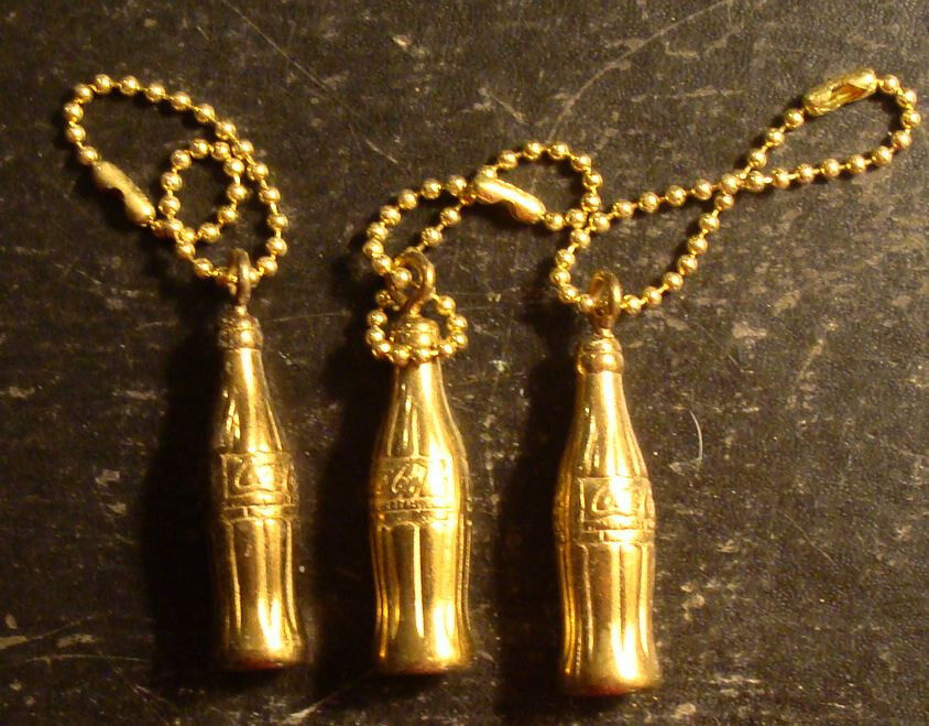 Group Of 3 Gold Coca-cola Bottle Shaped Key Chains-1 3/4 " High